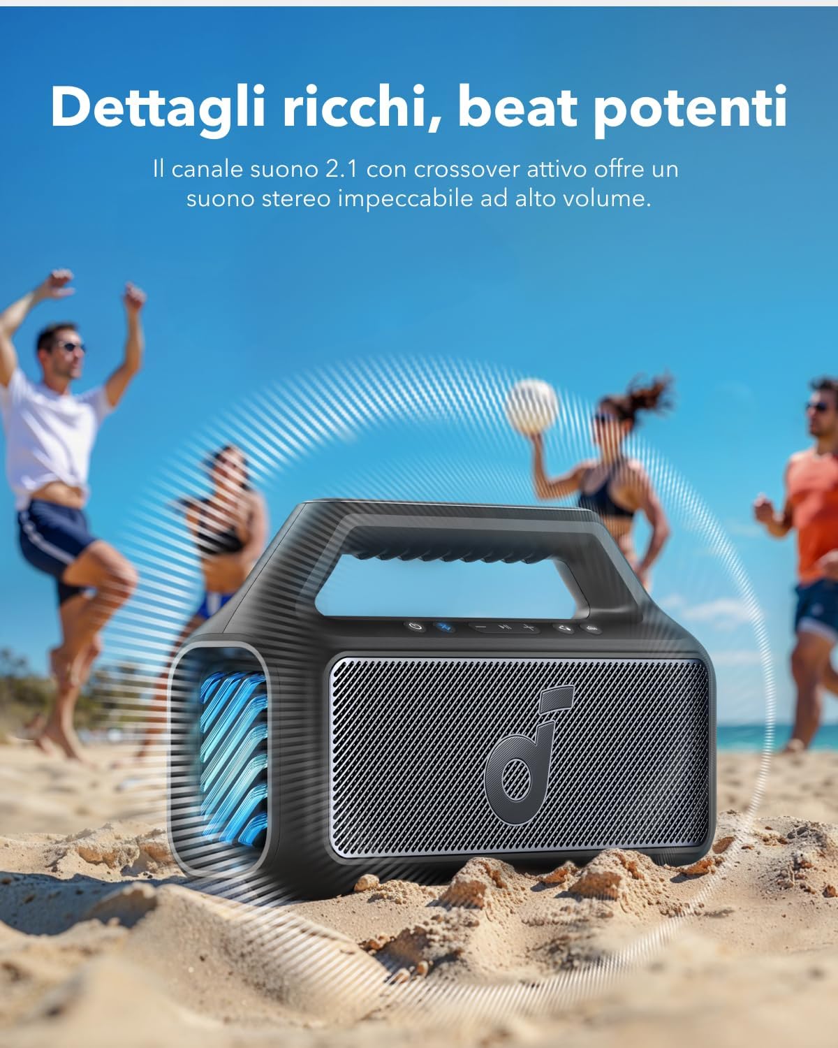 Soundcore Cassa Bluetooth Portatile Boom 2, 80W Booming Sound con Subwoofer e BassUp 2.0, 24H, IPX7, Luce LED, USB-C, EQ Personalizzato, per Esterni, Campeggio Spiaggia e Giardino