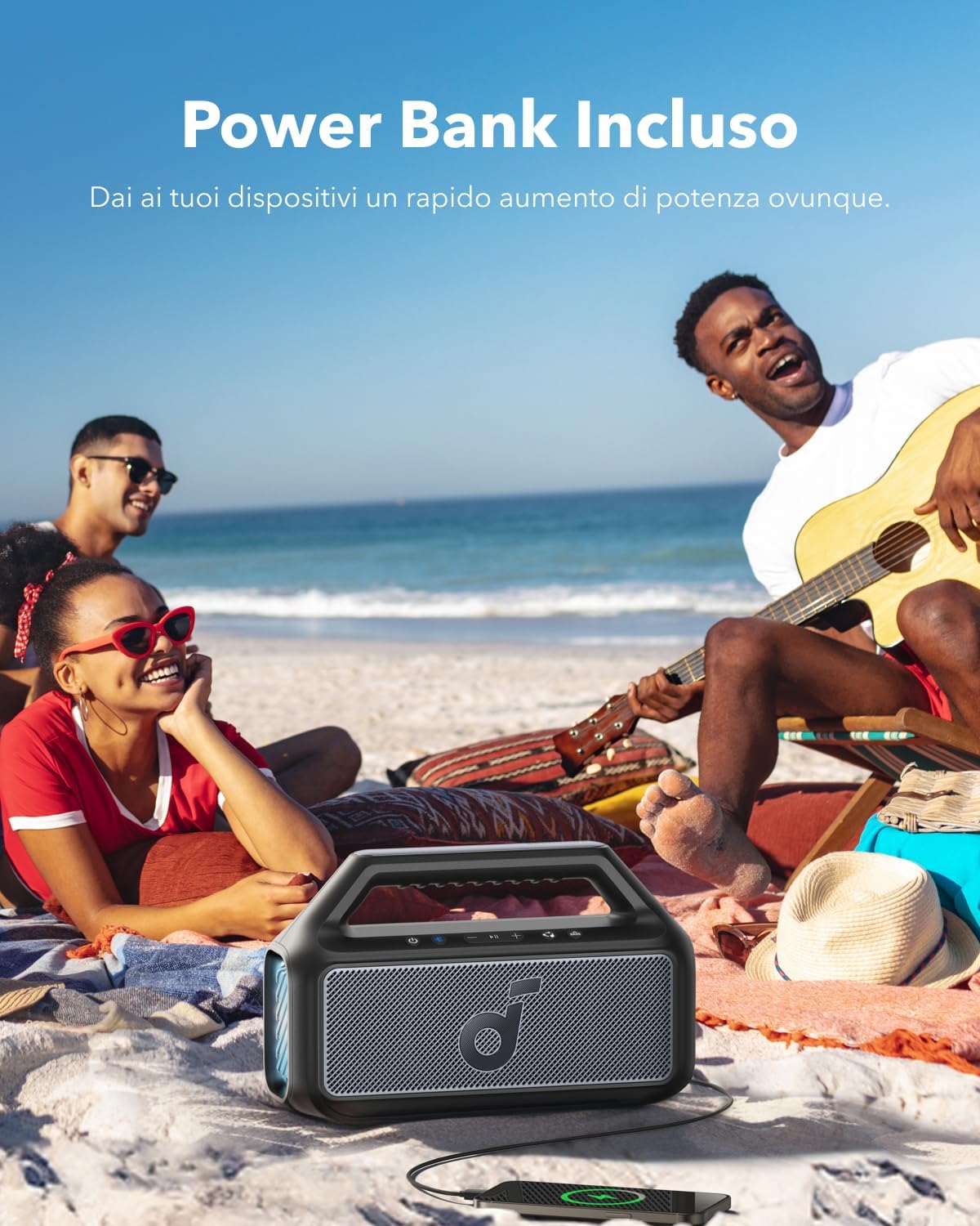 Soundcore Cassa Bluetooth Portatile Boom 2, 80W Booming Sound con Subwoofer e BassUp 2.0, 24H, IPX7, Luce LED, USB-C, EQ Personalizzato, per Esterni, Campeggio Spiaggia e Giardino