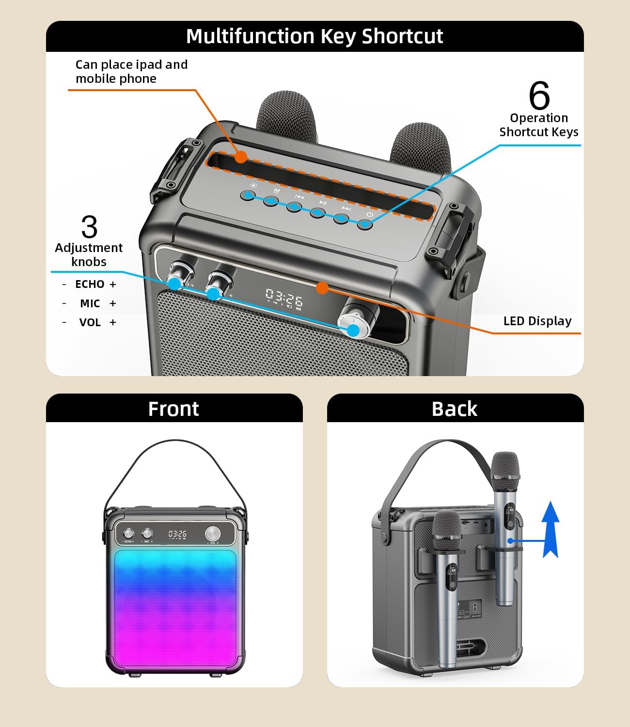 karaoke con 2 microfoni,Cassa Karaoke Professionale completo Portatile Bluetooth con microfono,LED luci,Ideale per Feste,Regalo per adulti e bambini,Supporta USB/TF/AUX