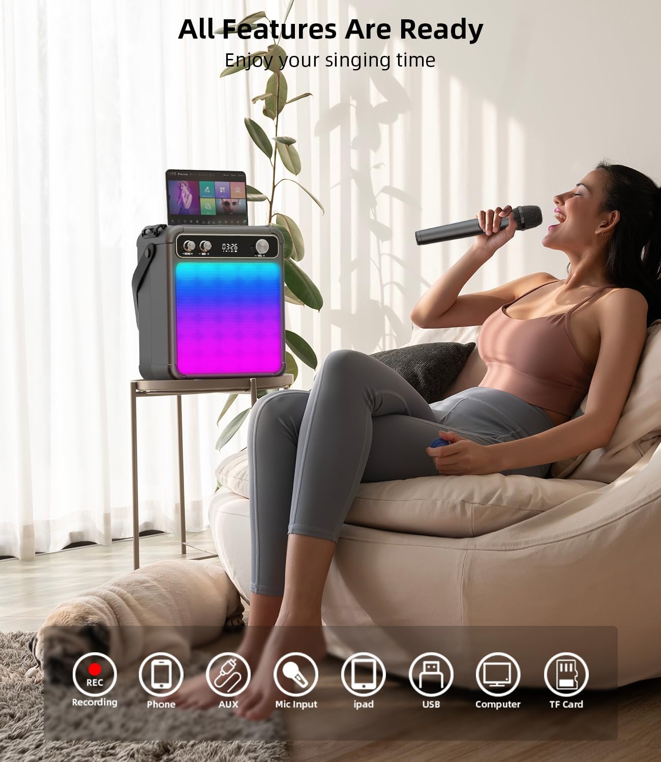 karaoke con 2 microfoni,Cassa Karaoke Professionale completo Portatile Bluetooth con microfono,LED luci,Ideale per Feste,Regalo per adulti e bambini,Supporta USB/TF/AUX